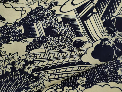 平和屋着物∴夏物　浴衣　注染　雲取り風景文　手縫い　綿　逸品　未使用　CABJ2748ze
