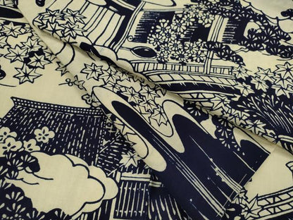 平和屋着物∴夏物　浴衣　注染　雲取り風景文　手縫い　綿　逸品　未使用　CABJ2748ze