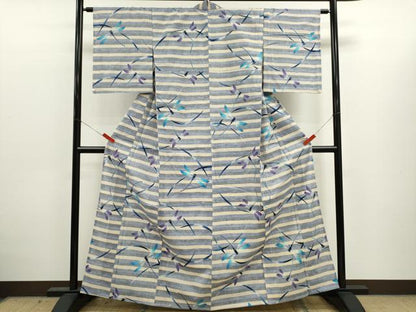 平和屋着物∴夏物　浴衣　注染　トンボ　横縞文　手縫い　綿　逸品　未使用　CABJ2752ze