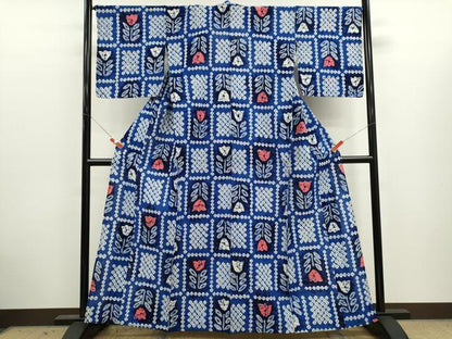 平和屋着物∴夏物　浴衣　有松鳴海絞り　市松　チューリップ　綿　逸品　CABJ2757ze