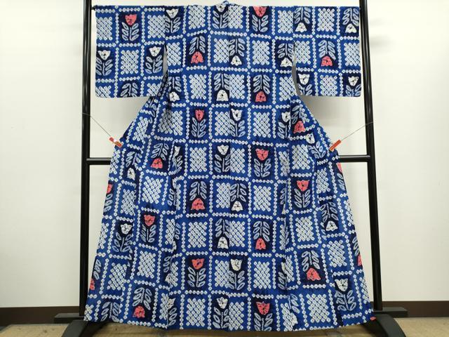 平和屋着物∴夏物　浴衣　有松鳴海絞り　市松　チューリップ　綿　逸品　CABJ2757ze