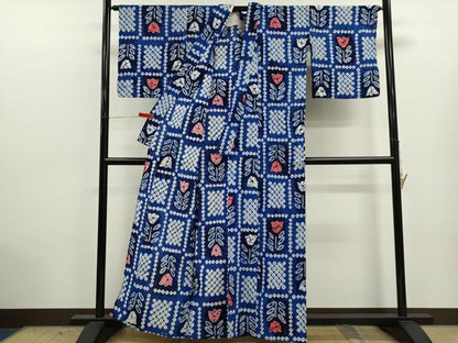 平和屋着物∴夏物　浴衣　有松鳴海絞り　市松　チューリップ　綿　逸品　CABJ2757ze