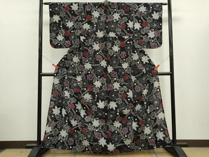 平和屋着物∴夏物　浴衣　有松鳴海絞り　枝楓文　黒地　綿　逸品　CABJ2759ze