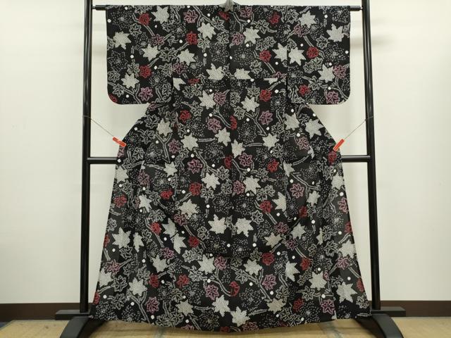 平和屋着物∴夏物　浴衣　有松鳴海絞り　枝楓文　黒地　綿　逸品　CABJ2759ze