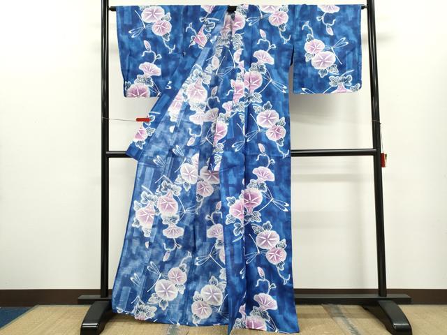 平和屋着物∴夏物　浴衣　トンボ　朝顔　綿　逸品　未使用　CABJ2769ze