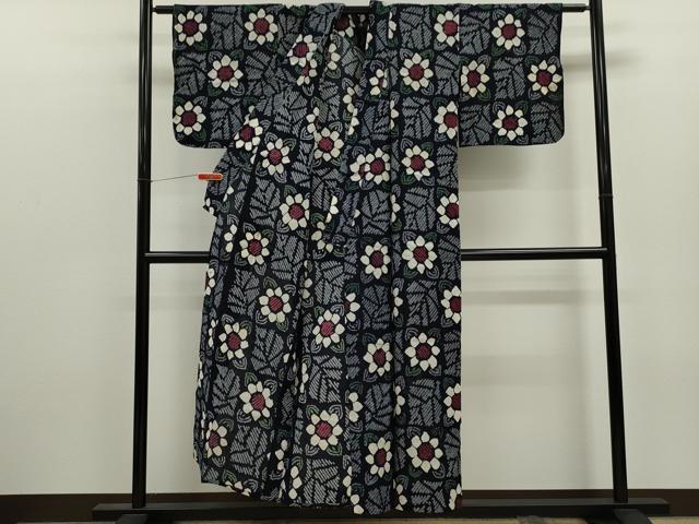 平和屋着物∴夏物　浴衣　有松鳴海絞り　市松草花文　綿　逸品　CABJ2785ze