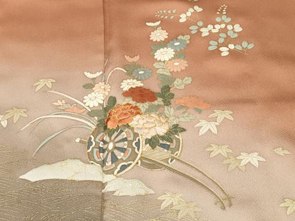 平和屋着物■訪問着　駒刺繍　流水花車文　暈し染め　金彩　正絹　逸品　CABJ2817ev