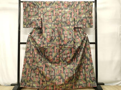 平和屋着物■上質な紬　幾何学文　正絹　逸品　CABJ2826ev