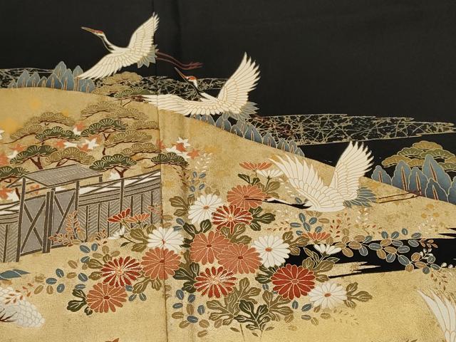 平和屋着物■豪華黒留袖　駒刺繍　流水松竹梅飛鶴文　金彩　正絹　逸品　CABJ2847ev