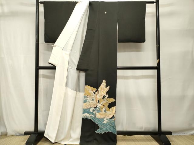 平和屋着物■豪華黒留袖　駒刺繍　立波飛鶴文　金銀彩　正絹　逸品　CABJ2855ev
