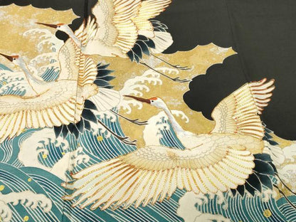 平和屋着物■豪華黒留袖　駒刺繍　立波飛鶴文　金銀彩　正絹　逸品　CABJ2855ev