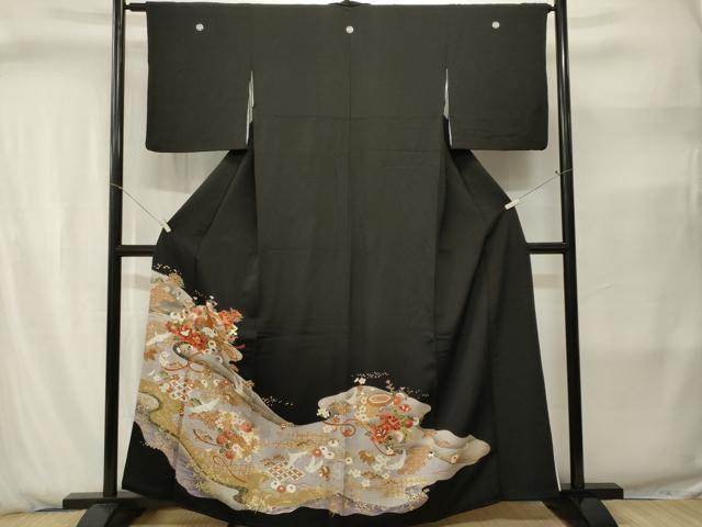 平和屋着物■豪華黒留袖　貝桶飛鶴花文　金彩　正絹　逸品　CABJ2856ev