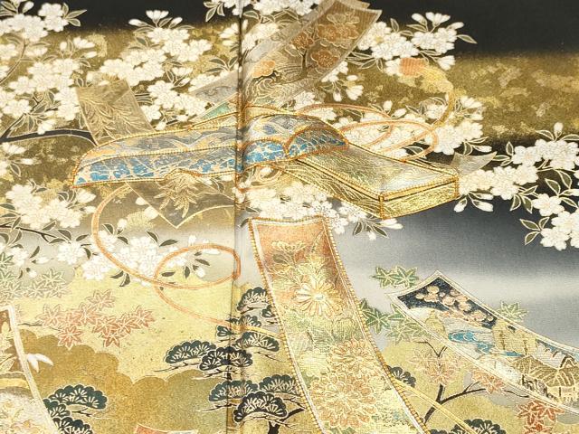 平和屋着物■豪華黒留袖　駒刺繍　文箱流水短冊草花文　暈し染め　金彩　正絹　逸品　CABJ2862ev
