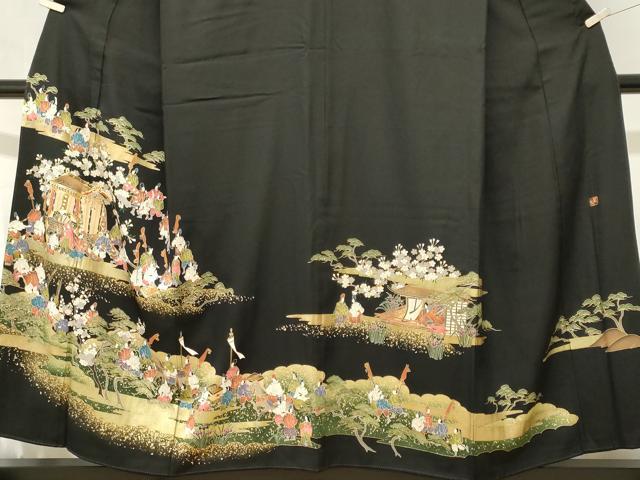 平和屋着物■豪華黒留袖　作家物　駒刺繍　御所車人物風景文　金彩　正絹　逸品　CABJ2866ev