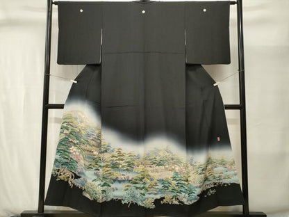 平和屋着物■十日町友禅作家　岡村蒼風　黒留袖　金閣寺　暈し染め　正絹　逸品　CABJ2868ev