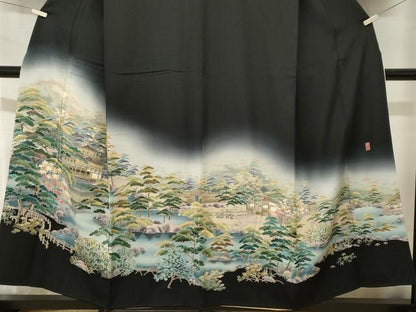 平和屋着物■十日町友禅作家　岡村蒼風　黒留袖　金閣寺　暈し染め　正絹　逸品　CABJ2868ev