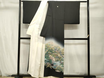 平和屋着物■十日町友禅作家　岡村蒼風　黒留袖　金閣寺　暈し染め　正絹　逸品　CABJ2868ev