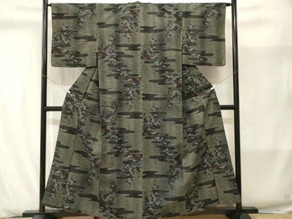 平和屋着物■上質なお召　エ霞花蝶文　黒地　正絹　逸品　CABJ2886ev