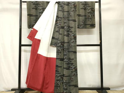 平和屋着物■上質なお召　エ霞花蝶文　黒地　正絹　逸品　CABJ2886ev