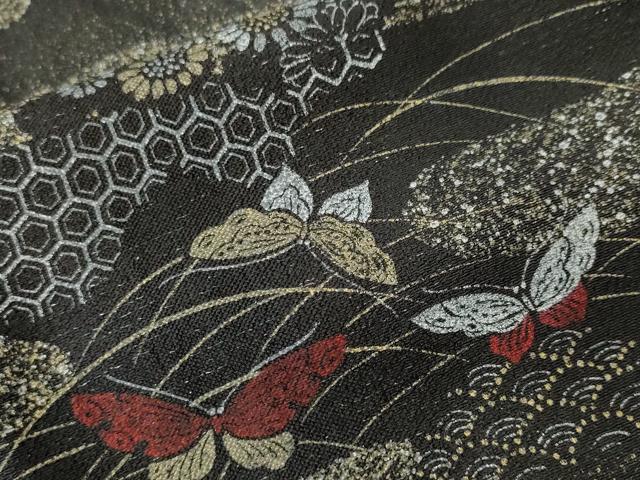 平和屋着物■上質なお召　エ霞花蝶文　黒地　正絹　逸品　CABJ2886ev