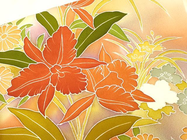 平和屋着物■訪問着　刺繍　カトレア　草花文　暈し染め　正絹　逸品　CABJ2891ev