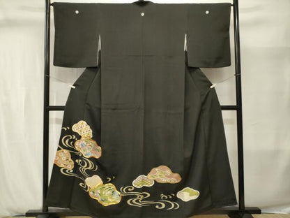 平和屋着物■豪華黒留袖　駒刺繍　立波鳳凰吉祥花文　金彩　正絹　逸品　CABJ2894ev