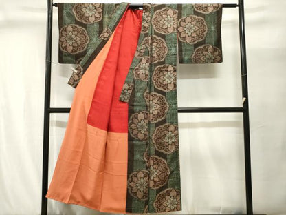 平和屋着物■上質な紬　麻の葉花唐草間道　正絹　逸品　CABJ2897ev