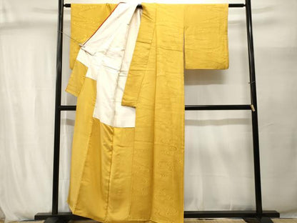 平和屋着物■上質な色無地　立波鹿の子地紋　黄朽葉色　正絹　逸品　CABJ2905ev