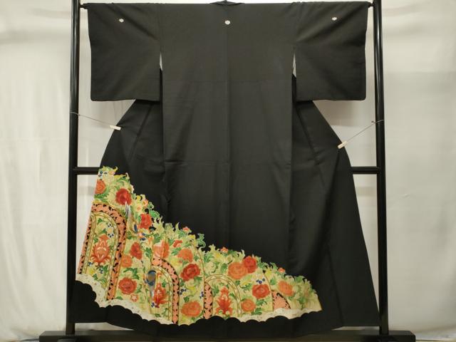 平和屋着物■豪華黒留袖　駒刺繍　更紗休み鳥草花文　金彩　洗える着物　CABJ2908ev