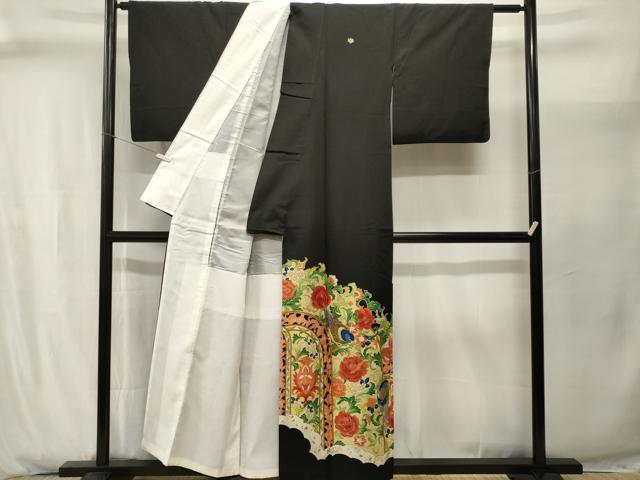 平和屋着物■豪華黒留袖　駒刺繍　更紗休み鳥草花文　金彩　洗える着物　CABJ2908ev