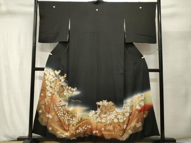 平和屋着物■豪華黒留袖　楽器草花文　暈し染め　金彩　正絹　逸品　CABJ2953ev