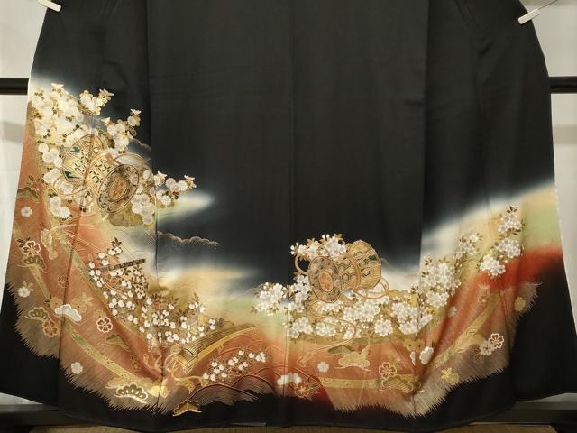 平和屋着物■豪華黒留袖　楽器草花文　暈し染め　金彩　正絹　逸品　CABJ2953ev
