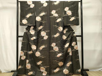 平和屋着物■上質な小紋　文箱花文　黒地　金通し地　正絹　逸品　CABJ2974ev