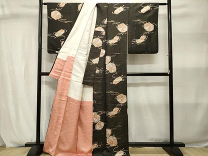 平和屋着物■上質な小紋　文箱花文　黒地　金通し地　正絹　逸品　CABJ2974ev