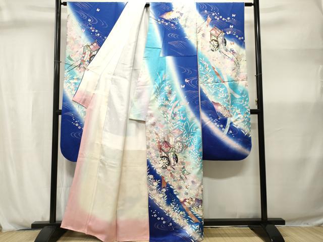 平和屋着物■豪華振袖　花蝶文　御所車扇面草花文　暈し染め　金銀彩　正絹　逸品　CABJ2981ev
