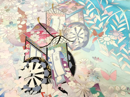 平和屋着物■豪華振袖　花蝶文　御所車扇面草花文　暈し染め　金銀彩　正絹　逸品　CABJ2981ev