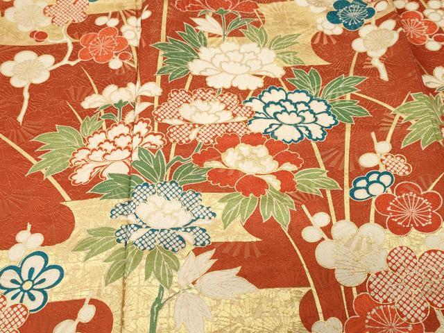 平和屋着物■小振袖　梅　草花文　金彩　金通し地　正絹　逸品　CABJ2993ev
