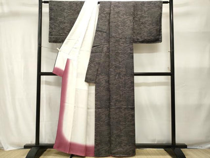 平和屋着物■上質な小紋　100亀甲　エ霞芝草風景文　黒地　正絹　逸品　CABJ3009ev