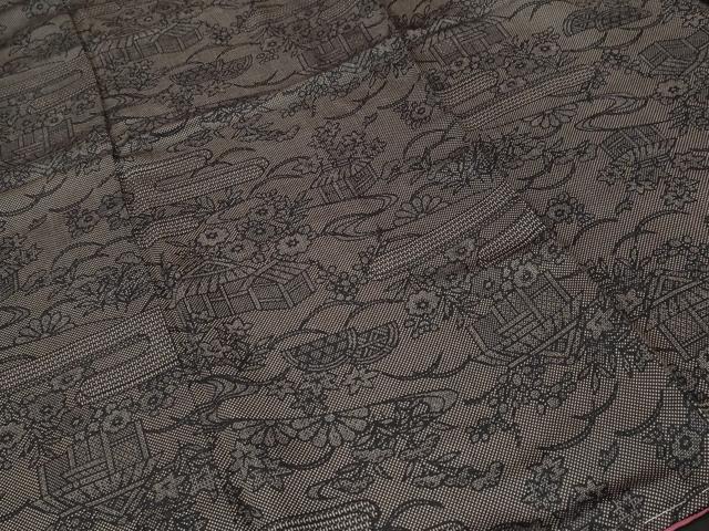 平和屋着物■上質な小紋　100亀甲　エ霞芝草風景文　黒地　正絹　逸品　CABJ3009ev