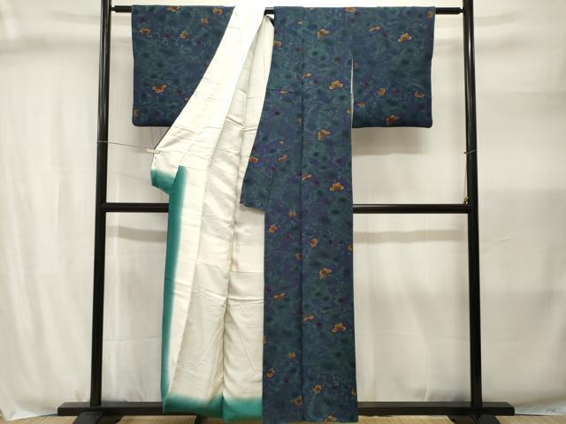 平和屋着物■宮内庁御用達　赤城右堂　小紋　型染め　流水花蝶文　暈し染め　鬼しぼ縮緬　正絹　逸品　CABJ3012ev
