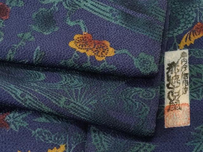 平和屋着物■宮内庁御用達　赤城右堂　小紋　型染め　流水花蝶文　暈し染め　鬼しぼ縮緬　正絹　逸品　CABJ3012ev