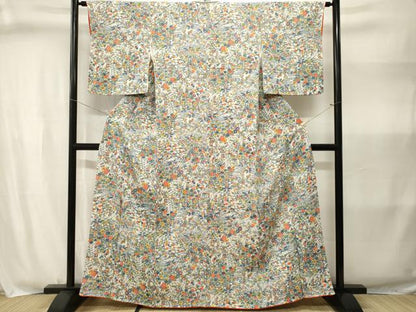 平和屋着物■上質な小紋　流水草花文　鬼しぼ縮緬　正絹　逸品　CABJ3015ev