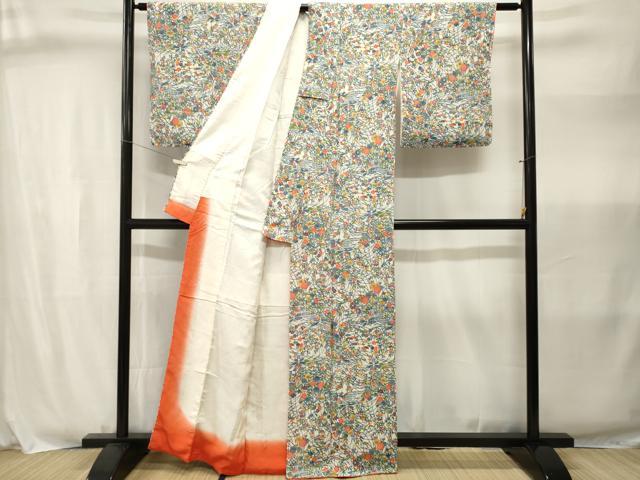 平和屋着物■上質な小紋　流水草花文　鬼しぼ縮緬　正絹　逸品　CABJ3015ev