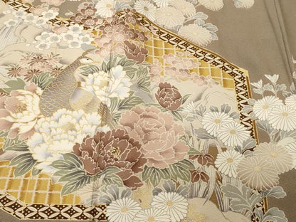 平和屋着物■訪問着　屏風花鳥文　孔雀　金彩　正絹　逸品　CABJ3069ev