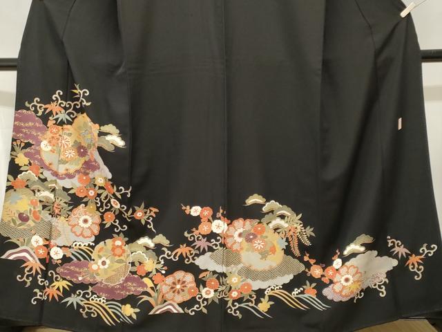 平和屋着物■豪華黒留袖　作家物　駒刺繍　雪輪立波枝花文　金彩　正絹　逸品　CABJ3077ev