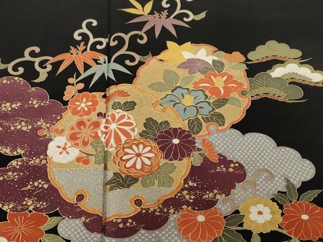 平和屋着物■豪華黒留袖　作家物　駒刺繍　雪輪立波枝花文　金彩　正絹　逸品　CABJ3077ev