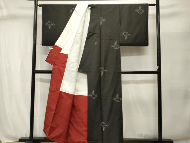 平和屋着物■上質な紬　舞蝶文　黒地　正絹　逸品　CABJ3079ev