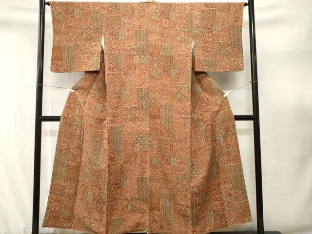 平和屋着物■上質な小紋　更紗亀甲花鳥文　正絹　逸品　CABJ3085ev