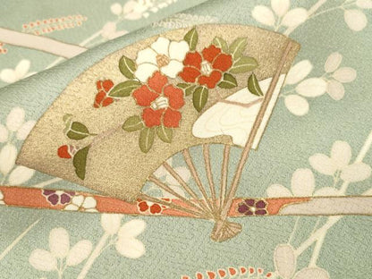 平和屋着物■訪問着　駒刺繍　鬘帯扇面萩花文　金彩　正絹　逸品　CABJ3086ev