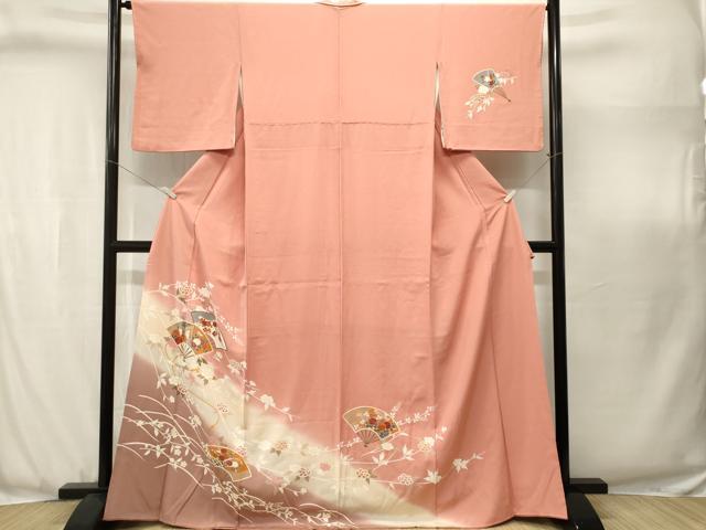 平和屋着物■訪問着　扇面枝花文　御所車文　暈し染め　金彩　正絹　逸品　CABJ3094ev